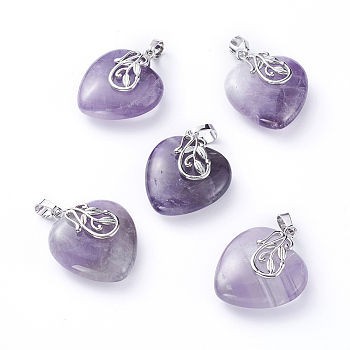 Natural Amethyst Pendants, with Platinum Tone Brass Ice Pick Pinch Bails, Heart, 31~32x25~26x11~12mm, Hole: 7x5mm