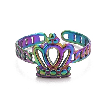 Rainbow Color Ion Plating(IP) 304 Stainless Steel Open Cuff Ring Findigns, Rings, Crown, US Size 7(17.3mm), Tray: 10x11mm