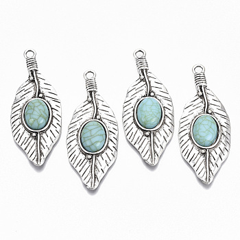 Tibetan Style Alloy Big Pendants, with Synthetic Turquoise, Cadmium Free & Lead Free, Leaf, Antique Silver, 71.5x27x7.5mm, Hole: 3.6mm