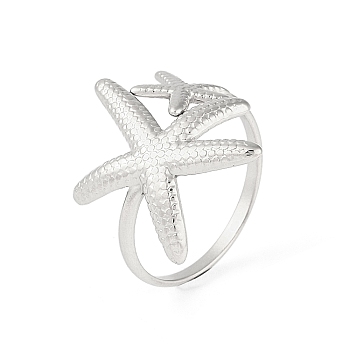 Non-Tarnish 304 Stainless Steel Starfish Open Cuff Rings for Women, Stainless Steel Color, Inner Diameter: 17.6mm