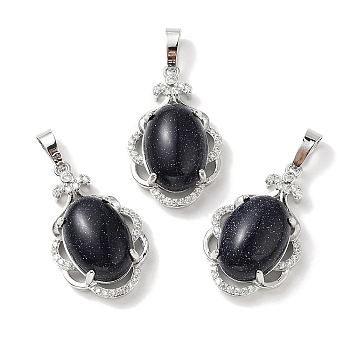 Synthetic Blue Goldstone Oval Pendants, Platinum Tone Brass Micro Pave Clear Cubic Zirconia Flower Charms, Long-Lasting Plated, Lead Free & Cadmium Free, 30x19x10mm, Hole: 7.8x5mm