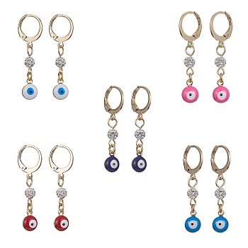 Brass Enamel Evil Eye Hoop Earrings, 304 Stainless Steel Leverback Earring with Polymer Clay Rhinestone Bead for Women, Mixed Color, 33x7mm