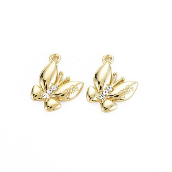Rack Plating Alloy Pendants, with Crystal Rhinestone and Word Nice, Cadmium Free & Nickel Free & Lead Free, Butterfly, Light Gold, 19x13.5x2.5mm, Hole: 1.4mm