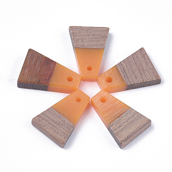Resin & Wood Pendants, Trapezoid, Orange, 18x12.5x3~4mm, Hole: 2mm