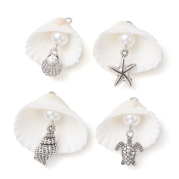 4Pcs 4 Styles Copper Wire Wrapped Shell Pendants, Shell Shaped Charms with Glass Pearl & Alloy Charms, Antique Silver & Platinum, 28.5~34x26.5~33x10.5~14mm, Hole: 2.2~2.7mm, 1pc/style