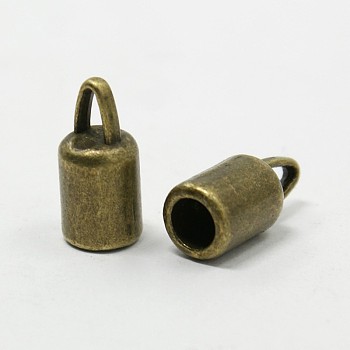 Tibetan Style Alloy Cord Ends, Lead Free and Cadmium Free, Column, Antique Bronze, 14x6.5mm, Hole: 4mm, Inner Diameter: 4~5mm