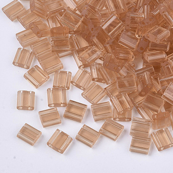 2-Hole Glass Seed Beads, Transparent Colours, Rectangle, Dark Salmon, 5x4.5~5.5x2~2.5mm, Hole: 0.5~0.8mm