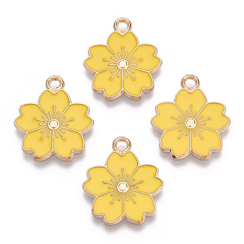 Alloy Enamel Pendants, Sakura Flower, Light Gold, Gold, 20.5x17.5x1.5mm, Hole: 2mm