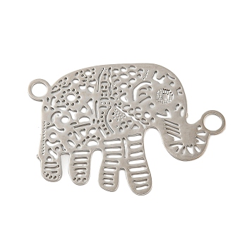 Rack Plating Brass Filigree Connector Charms, Long-Lasting Plated, Elephant Etched Metal Embellishments, Platinum, 20x28x0.3mm, Hole: 2mm