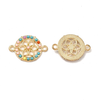 Tibetan Style Alloy Connector Charms, with Synthetic Turquoise, Flat Round with Flower, Light Gold, 16x23x2.6mm, Hole: 1.8mm