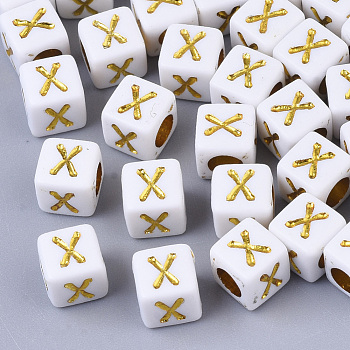 Plating Acrylic Beads, Horizontal Hole, Golden Metal Enlaced, Alphabet Style, Cube, Letter.X, 5.5~6x5.5~6x5.5~6mm, Hole: 3.5mm, about 3000pcs/500g