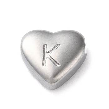 201 Stainless Steel Beads, Stainless Steel Color, Heart, Letter K, 7x8x3.5mm, Hole: 1.5mm
