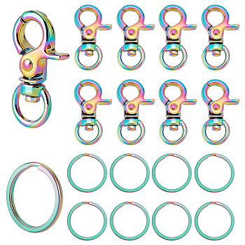 Elite 10Pcs Alloy Swivel Clasps, with 10Pcs Ion Plating(IP) 304 Stainless Steel Split Key Rings, Rainbow Color, Clasps: 31x17.5x6mm, Hole: 8.5x5mm; Key Rings: 25x2mm