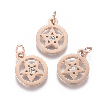 316 Surgical Stainless Steel Charms, with Micro Pave Cubic Zirconia and Jump Ring, Long-Lasting Plated, Pentacle, Clear, Real Rose Gold Plated, 15x12x1.5mm, Hole: 3.5mm