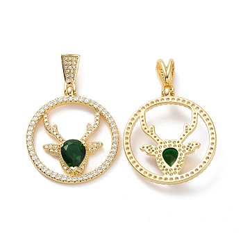 Brass Micro Pave Cubic Zirconia Pendants, Round Ring with Deer Head Charms, Golden, Green, 33.5x30x5.5mm, Hole: 3.5x8mm