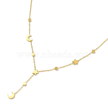 Rhinestone & Natural  Shell Moon & Star Link Chains Lariat Necklace(NJEW-M199-08G)-2