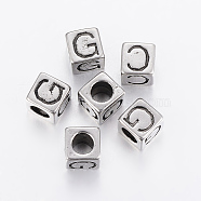304 Stainless Steel Large Hole Letter European Beads, Cube with Letter.G, Antique Silver, 8x8x8mm, Hole: 5mm(STAS-H428-01AS-G)