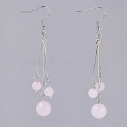 Natural Rose Quartz Dangle Earrings, with 304 Stainless Steel Earring Hooks and Iron Eye Pins, Round, 77~78mm, Pendant: 57~58mm, Pin: 0.6mm(EJEW-JE02813-03)