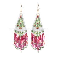 Christmas Tree Glass Seed Beaded Tassel Dangle Earrings for Women, Golden, Dark Sea Green, 85x23mm(EJEW-MZ00207)