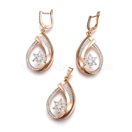 Brass Micro Pave Cubic Zirconia Jewelry Sets, Pendant and Earrings, Long-Lasting Plated, Teardrop with Flower, Light Gold, 42mm, Hole: 5x7mm, 52mm, Pin: 1mm(SJEW-F189-12KCG)