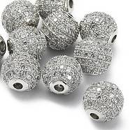 CZ Brass Micro Pave Grade AAA Clear Color Cubic Zirconia Round Beads, Cadmium Free & Nickel Free & Lead Free, Platinum, 8mm, Hole: 1.7mm(KK-O065-8mm-05P-NR)