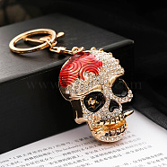 Alloy Rhinestone Pendant Keychain, with Alloy Key Rings and Lobster Claw Clasps, Long-Lasting Plated, Skull, Red, Pendant: 6x4.5cm(SKUL-PW0002-063B)
