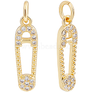 Brass 14Pcs Micro Pave Cubic Zirconia Pendants, with Jump Rings, Safety Pin Charm, Real 18K Gold Plated, 16.5x5x2mm, Hole: 2.7mm(ZIRC-BBC0001-60)