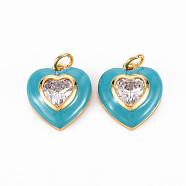 Brass Enamel Pendants, with Clear Cubic Zirconia and Jump Ring, Nickel Free, Real 16K Gold Plated, Heart, Dark Cyan, 17.5x15.5x4.5mm, Hole: 3.5mm(KK-T013-15I-NF)