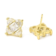 Rhombus Brass Micro Cubic Zirconia Stud Earrings, Long-Lasting Plated, Lead Free & Cadmium Free, Real 18K Gold Plated, 9x9mm(EJEW-L270-20G-02)