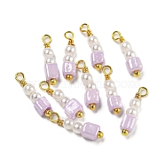 ABS Plastic Imitation Pearl Pendants, with Real 18K Gold Plated Brass Loops and Glass Seed Beads, Violet, 15.5~16x3.5x3.5mm, Hole: 1.6mm(KK-C046-03B)