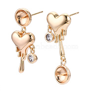 Brass Micro Pave Clear Cubic Zirconia Stud Earrings Findings, for Half Drilled Beads, Heart, Cadmium Free & Nickel Free & Lead Free, Real 18K Gold Plated, 28x10mm, Pin: 0.7mm(KK-N216-409LG)