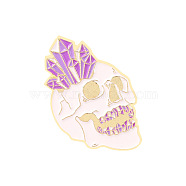 Alloy Enamel Brooches, Skull with Crystal, White, 30.5x19mm(SKUL-PW0002-121A)