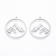 201 Stainless Steel Pendants, Ring with Mountain, Stainless Steel Color, 27.5x26x1mm, Hole: 1.4mm(STAS-N090-LA911-1)