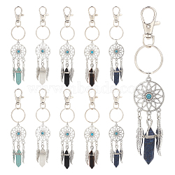 Nbeads 10Pcs Woven Net/Web with Feather Alloy Pendant Decorations, with Natural Double Terminated Pointed Gemstone Charms, Antique Silver & Platinum, 131mm(HJEW-NB0001-83)