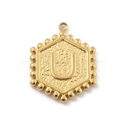 201 Stainless Steel Pendants, Golden, Hexagon with Letter Charm, Letter U, 21x16.5x2mm, Hole: 1.5mm(STAS-R227-01U-G)