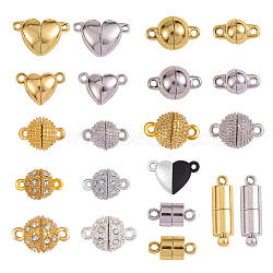 21Pcs 21 Styles Brass Magnetic Clasps, for Necklace Bracelet Jewelry DIY Crafts Making, Heart & Column & Round, Mixed Color, 11mm~20.5mm, 1pc/style(JX157A)