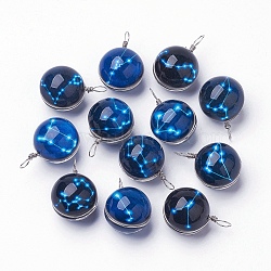 Luminous Glass Pendants, with Platinum Tone Brass Findings, Round with Constellation/Zodiac Sign, Mixed, 28~29x18~19mm, Hole: 4x5mm(X-LAMP-S182-M)