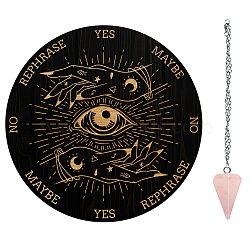 AHADERMAKER Custom PVC Plastic Pendulum Board, with Natural Rose Quartz Stone Pendants, and 304 Stainless Steel Cable Chain Dowsing Divination Board, for Witchcraft Wiccan Altar Supplies, Flat Round, Eye Pattern(DIY-GA0004-45B)