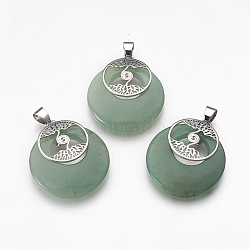 Natural Green Aventurine Pendants, with Platinum Tone Brass Findings, Flat Round with Tree of Life, 32x28x6mm, Hole: 4x5mm(KK-F751-B13)