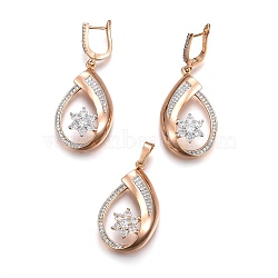 Brass Micro Pave Cubic Zirconia Jewelry Sets, Pendant and Earrings, Long-Lasting Plated, Teardrop with Flower, Light Gold, 42mm, Hole: 5x7mm; 52mm, Pin: 1mm(SJEW-F189-12KCG)