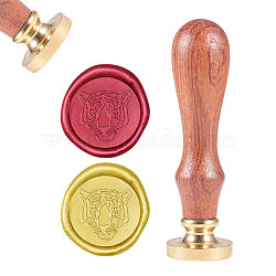 DIY Scrapbook, Brass Wax Seal Stamp and Wood Handle Sets, Tiger Head, Golden, 8.9x2.5cm, Stamps: 25x14.5mm(AJEW-WH0100-210)