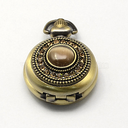 Vintage Zinc Alloy Rhinestone Quartz Watch Heads, with Cat Eye, for Pocket Watch Pendant Necklace Making, Antique Bronze, 40x30x17mm, Hole: 7x1.5mm(WACH-R008-12)