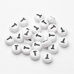 Flat Round with Letter T Acrylic Beads, with Horizontal Hole, White & Black, Size: about 7mm in diameter, 4mm thick, hole: 1mm(X-PL37C9070-T)