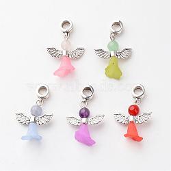 Tibetan Style Alloy European Dangle Charms, with Gemstone Beads and Acrylic Beads, Lovely Wedding Dress Angel Dangle, Mixed Color, 32x21x10mm, Hole: 4.5mm(PALLOY-JF00211)