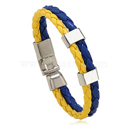 Flag Color Imitation Leather Double Line Cord Bracelet with Alloy Clasp, National Jewelry for Women, Yellow & Blue, 8-5/8 inch(22cm)(GUQI-PW0001-088)