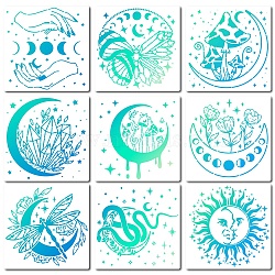 9Pcs 9 Styles PET Plastic Hollow Out Drawing Painting Stencils Templates, Square with Sun & Mushroom & Diamond & Snake & Dragonfly, Mixed Patterns, 300x300mm, 1pc/style(DIY-WH0244-275)