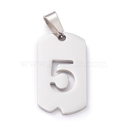 304 Stainless Steel Pendants, Rectangle with Number, Stainless Steel Color, Num.5, 27.5x14.5x1.5mm, Hole: 7.5x3mm(STAS-H144-02P-5)