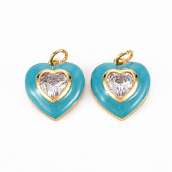 Brass Enamel Pendants, with Clear Cubic Zirconia and Jump Ring, Nickel Free, Real 16K Gold Plated, Heart, Dark Cyan, 17.5x15.5x4.5mm, Hole: 3.5mm(KK-T013-15I-NF)