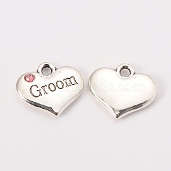 Wedding Theme Antique Silver Tone Tibetan Style Alloy Heart with Groom Rhinestone Charms, Cadmium Free & Lead Free, Light Rose, 14x16x3mm, Hole: 2mm(TIBEP-N005-20B)