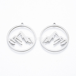 Non-Tarnish 304 Stainless Steel Pendants, Ring with Mountain, Stainless Steel Color, 27.5x26x1mm, Hole: 1.4mm(STAS-N090-LA911-1)